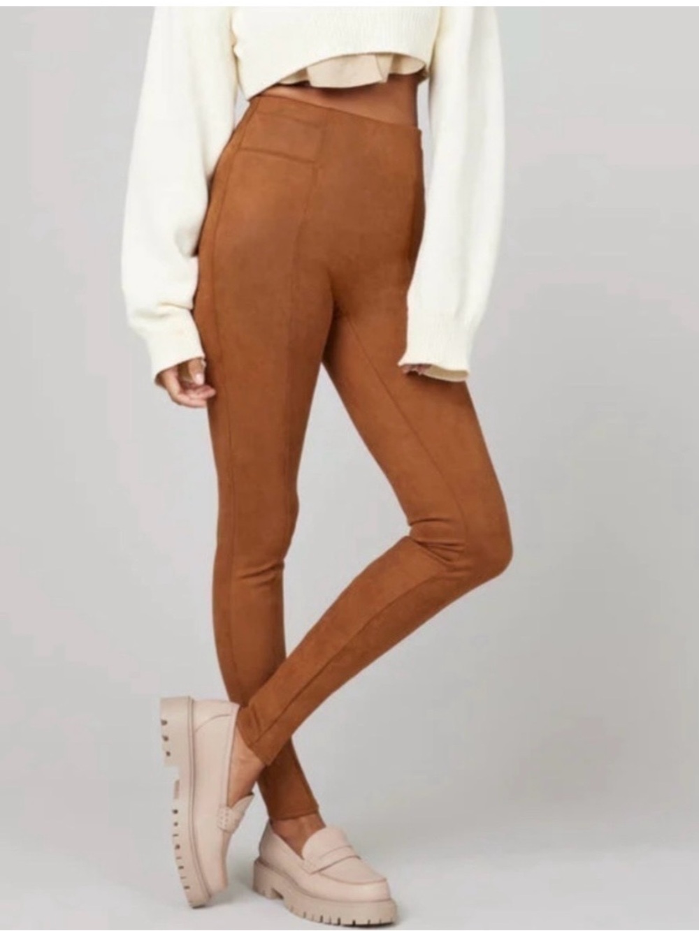 SPANX Suede-Look High-Waist Skinny Pants - Brown